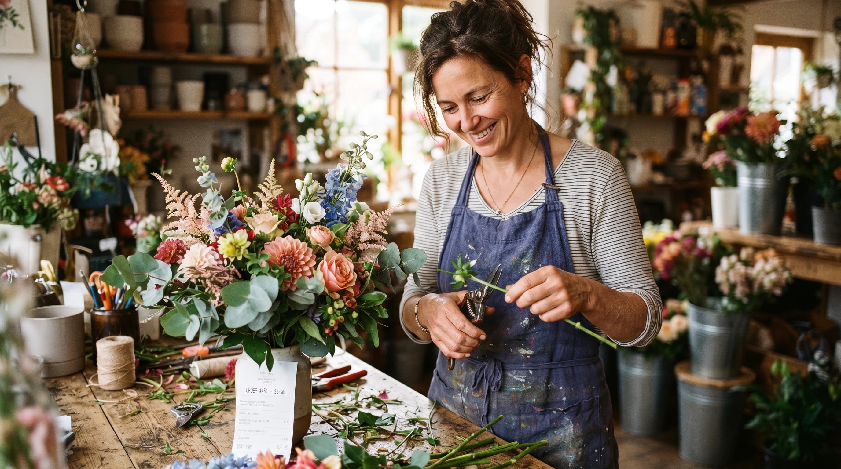 Florist arranging flowers