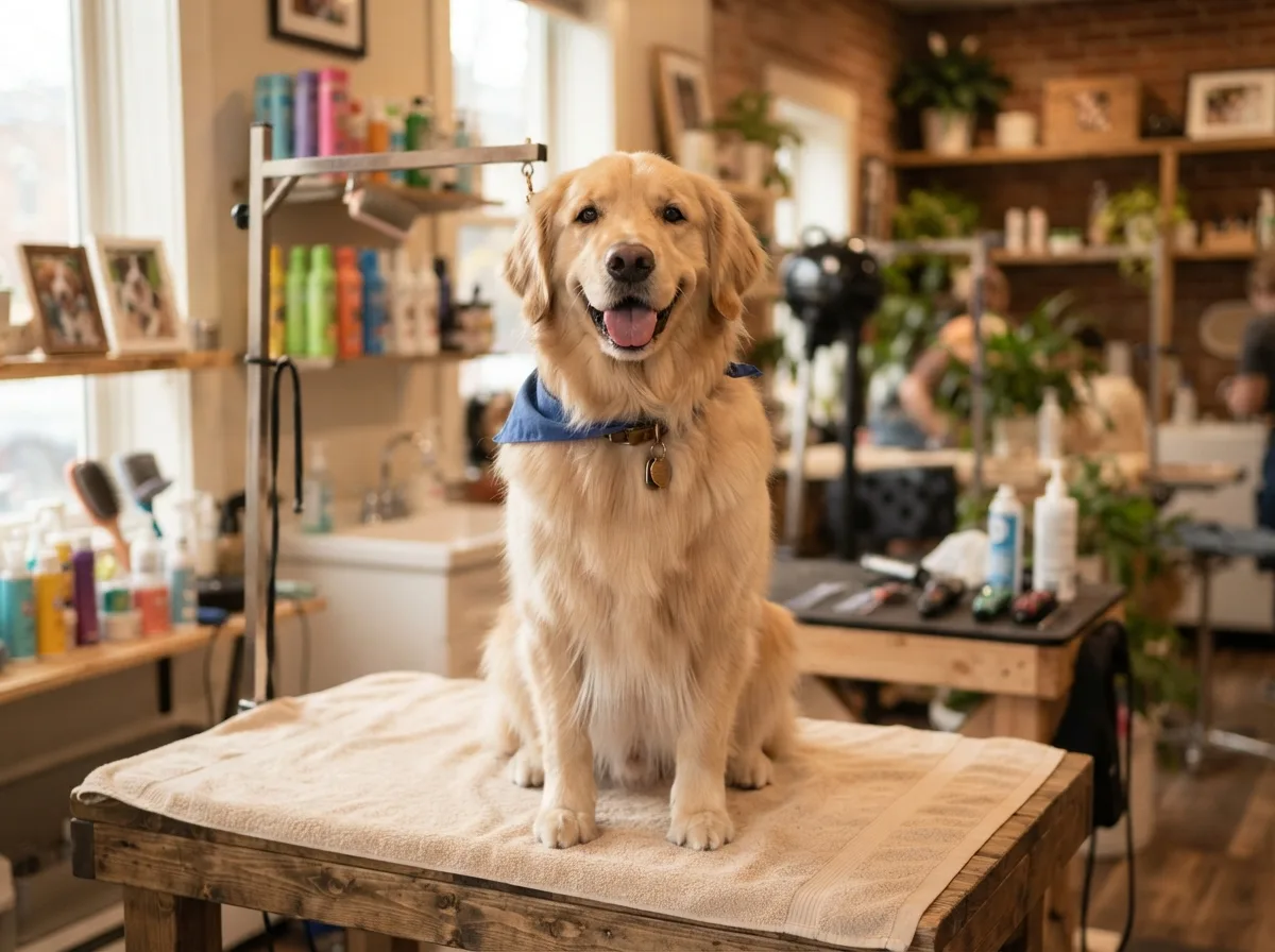 Groomer drying a happy Golden Retriever