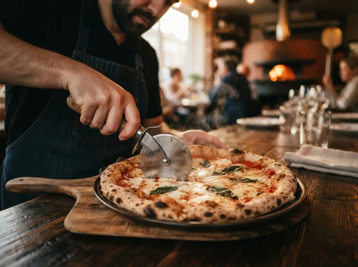 Chef sliding a wood-fired pizza into the oven