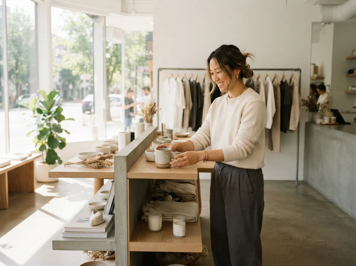 Shop owner placing product in store